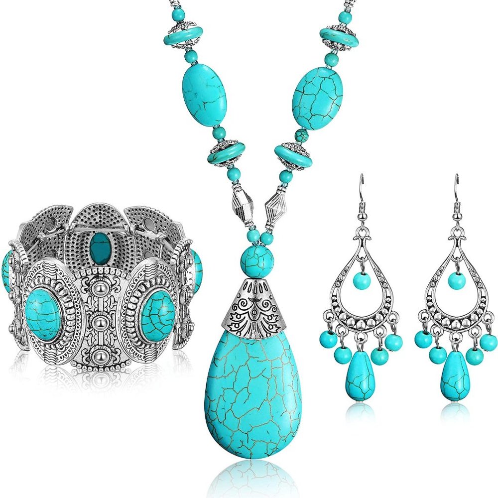 New 3 Pieces Bohemian Turquoise Jewelry Set Women Western Jewelry Set Turquoise - Picture 2 of 9